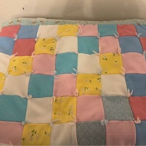 Vintage Patchwork Baby Quilt – Pastel Knit & Floral, Hand-Tied, Cottage core